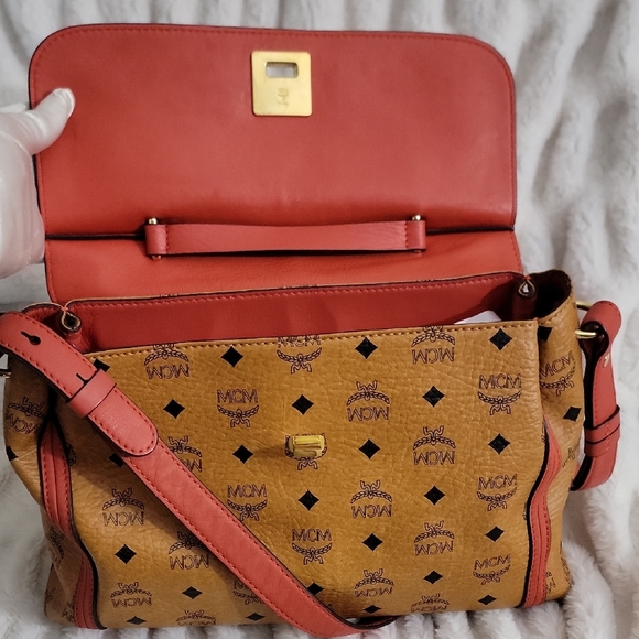 MCM Coral and Tan Logo Satchel‎ - Picture 6 of 7